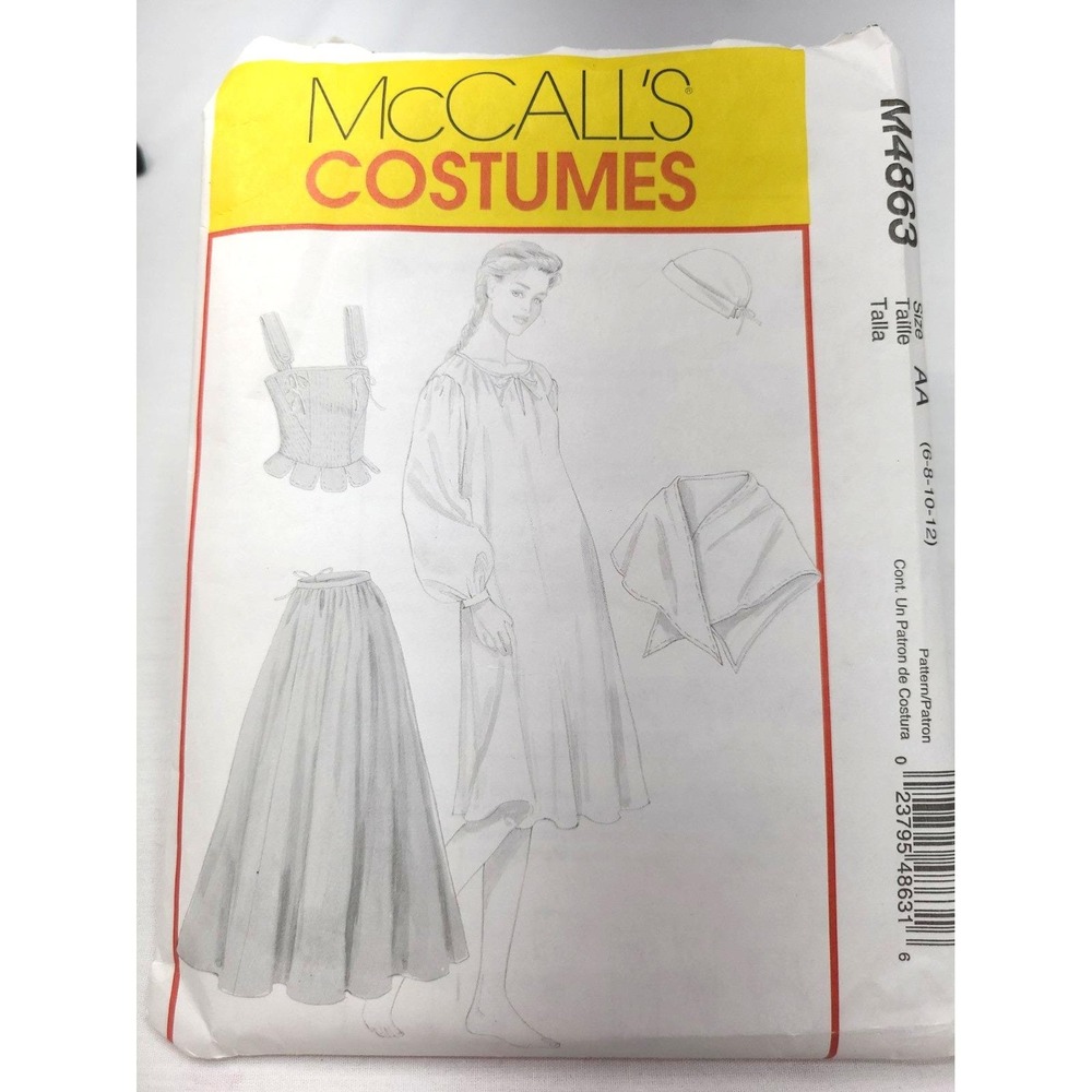 McCall's M4863 Colonial Prairie Chemise Dress, Corset, Skirt, Shawl, Cap Sz 6-12